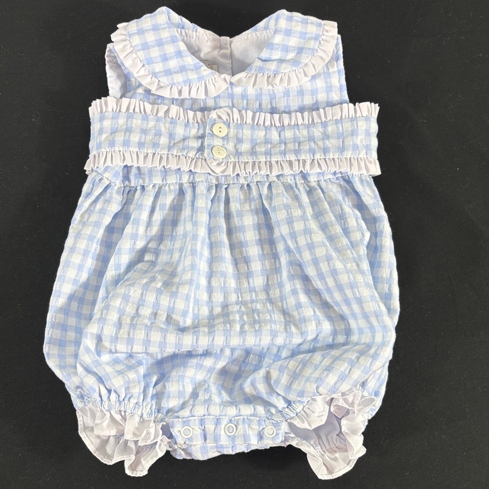 Light Blue Gingham Baby Bubble Romper with Ruffle Trim